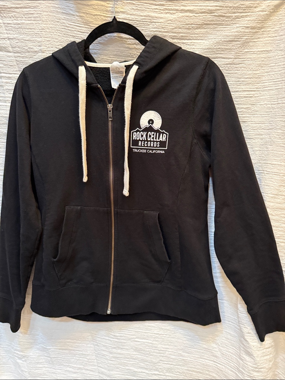 Rock Cellar Records Black Zip Hoodie with Cream Drawcords